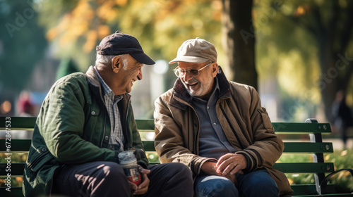 Two elderly friends share a light-hearted moment on a park bench, their warm laughter and camaraderie highlighted against a backdrop of autumn trees. photo
