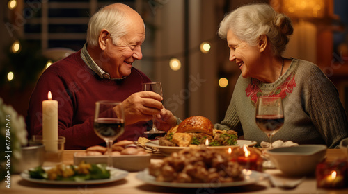 An elderly couple shares a joyful dinner at home, laughing and bonding over candlelit delicacies and wine.