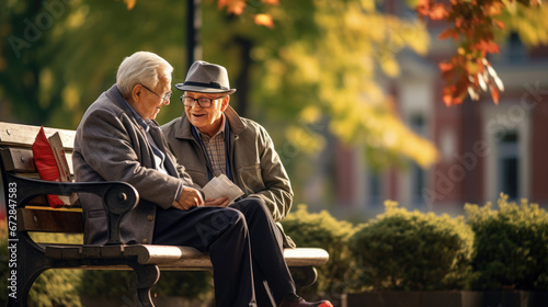 Two elderly friends share a light-hearted moment on a park bench, their warm laughter and camaraderie highlighted against a backdrop of autumn trees.