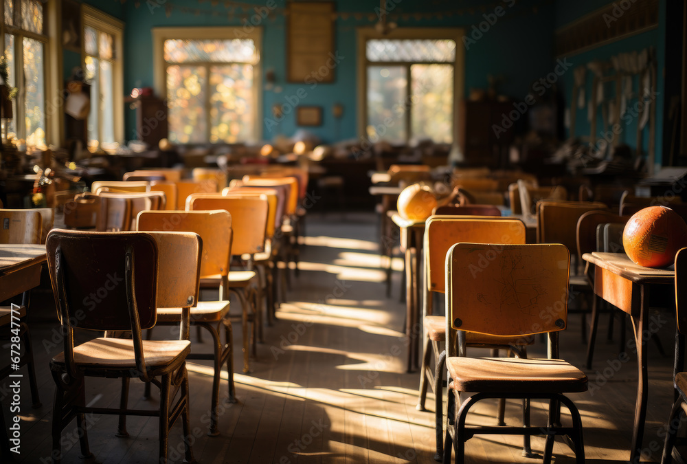 The interior of an empty school classroom