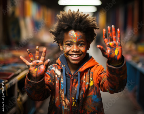 A small dark-skinned boy shows his painted hands