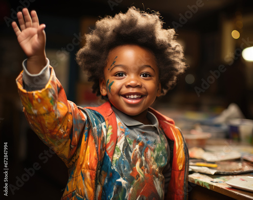 A small dark-skinned boy in a drawing school