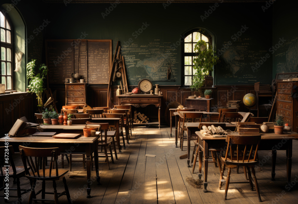 Empty classroom with old fashioned wooden desk and chair seating arrangement