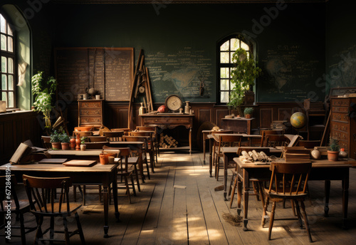 Empty classroom with old fashioned wooden desk and chair seating arrangement