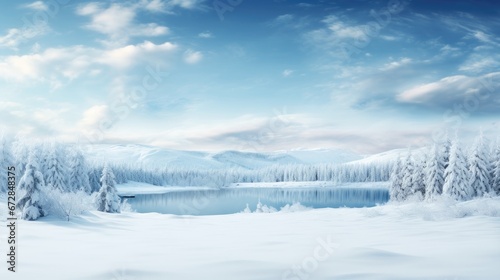 Winter landscape. Trees and lake. Winter background