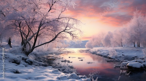 Winter landscape. Winter trees and river. Winter background