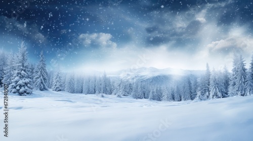 Winter landscape. Snow forest and mountains. Winter background