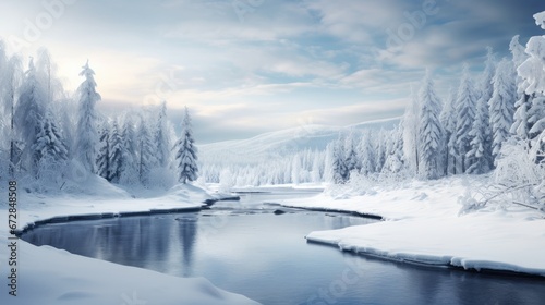 Winter landscape. Winter trees and lake. Winter background
