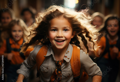 A group of little girls in uniforms run excitedly down the hallway