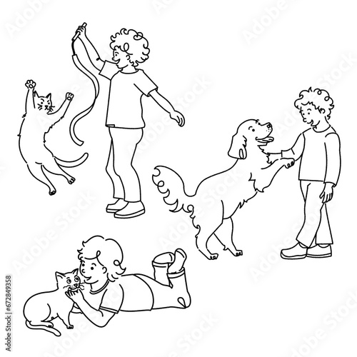 people with pets line drawing / doodle set