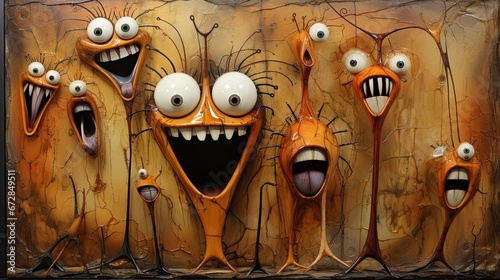  a group of strange looking faces on a piece of wood with googly eyes and mouthy googly mouths.  generative ai photo