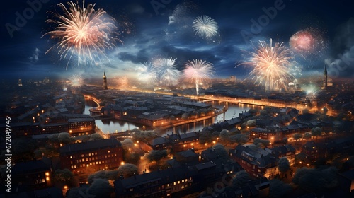 Aerial city view with fireworks on New Year's Eve at night. Happy New Year