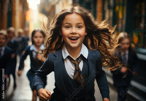 Cheerful little girls in uniforms run excitedly