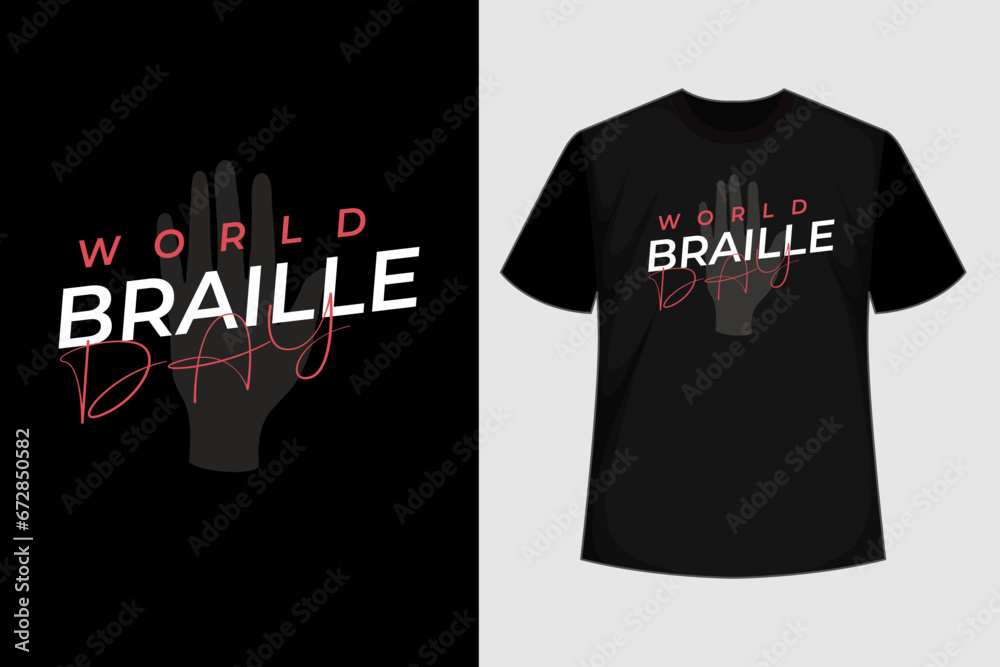 World Braille Day. Slogan World braille day, blind. World Braille Day with Hand fingering letters. t shirt  logo for the annual celebration of World Braille Day (January 4), T-shirt design .black - obrazy, fototapety, plakaty 