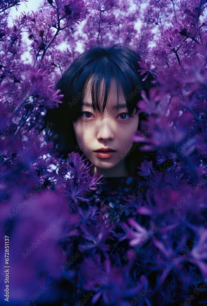 young oriental woman surrounded by purple flowers young oriental woman surrounded by purple flowers