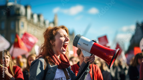 A passionate woman shouts into a megaphone, leading a crowd during a protest demonstration.