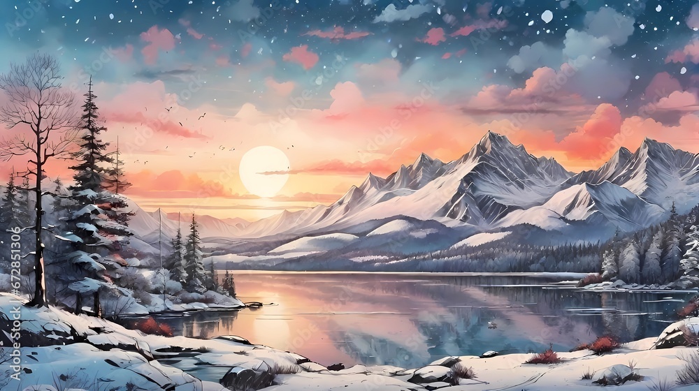sunrise in a impressive frozen woodland, winter lake landscape, wintry forest wallpaper, snowy beautiful forest landscape