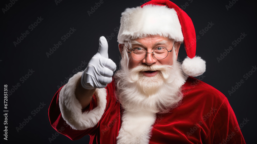 A cheerful Santa Claus in his traditional red attire gives a thumbs-up, exuding the festive spirit of Christmas with his jolly smile and snowy white beard.