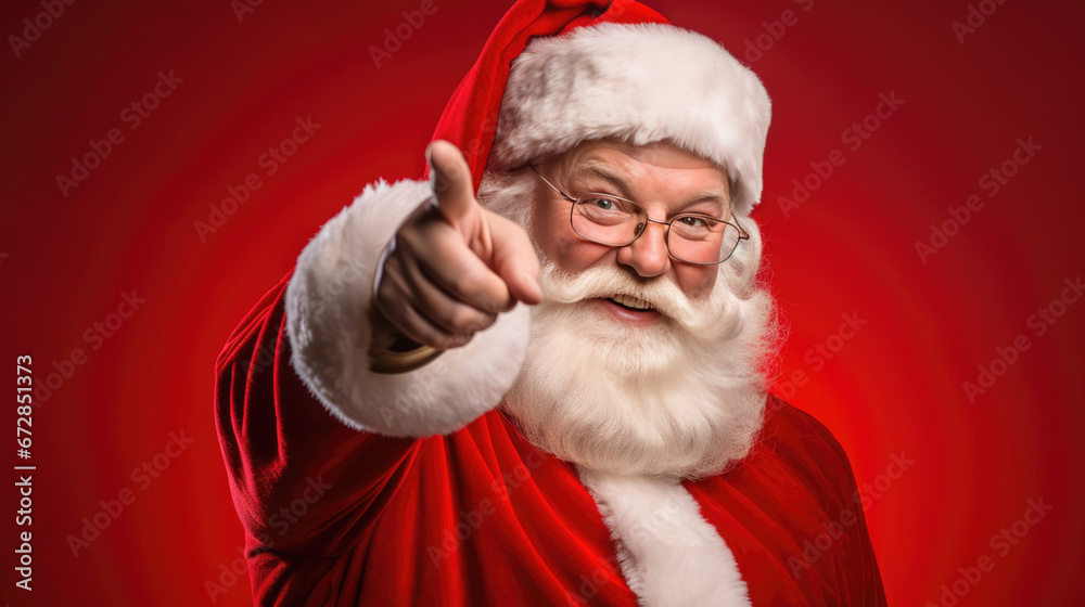 Santa Claus in his iconic red and white attire is joyfully pointing forward with a warm, inviting smile, embodying the spirit of Christmas. Santa Claus in his iconic red and white attire is joyfully pointing forward with a warm, inviting smile, embodying the spirit of Christmas.