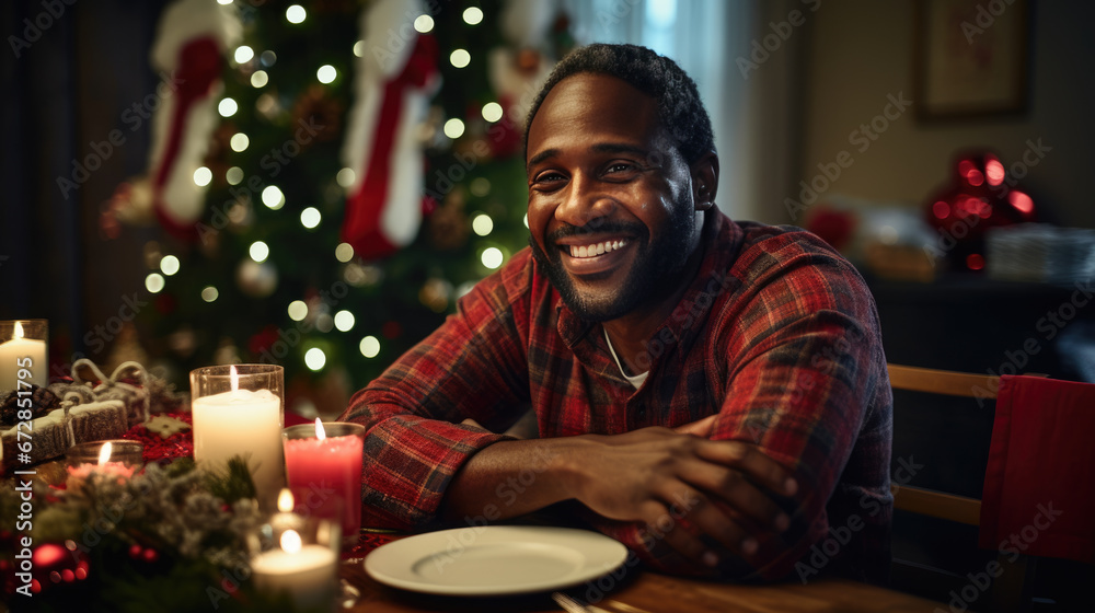 Cheerful man with gray hair in a brown sweater, sitting at a festive Christmas dinner table with a glass of wine, enjoying the cozy ambiance created by soft lighting and holiday decorations.