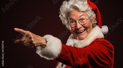 Elderly woman dressed in a traditional Santa Claus costume, smiling joyfully and pointing towards the viewer, against a black background.