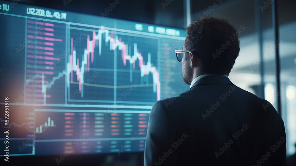 Investor trader analyzing stock market indicators, investment strategy, financial data and charts, marketing statistics and finance market graphs