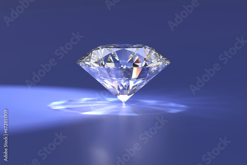 One clear brilliant diamond placed on blue glossy background 3d rendering