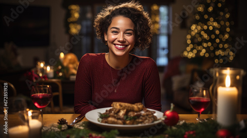 Cheerful young woman with curly hair smiling at a Christmas dinner table  decorated with candles  a glass of red wine  and a Christmas tree in the background.