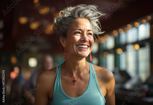Portrait of smiling mature woman standing in gym photo