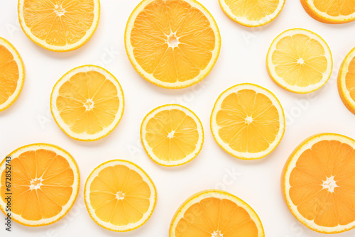 Tantalizingly-tangy orange slices atop pale surface, aerial perspective.