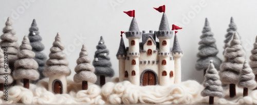cute castle and snowy forest for christmas felted on a white background.