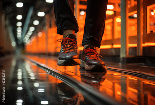 A person's stylish black and orange shoes gleam in the streetlights as they step out into the night, their footwear reflecting their confident sense of fashion photo
