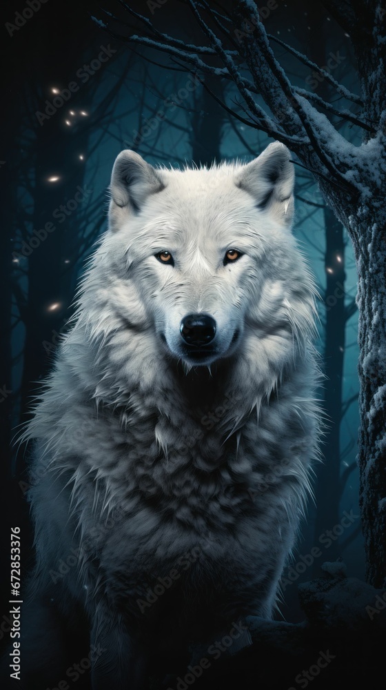 Lovely white wolf lost in beautiful winter night