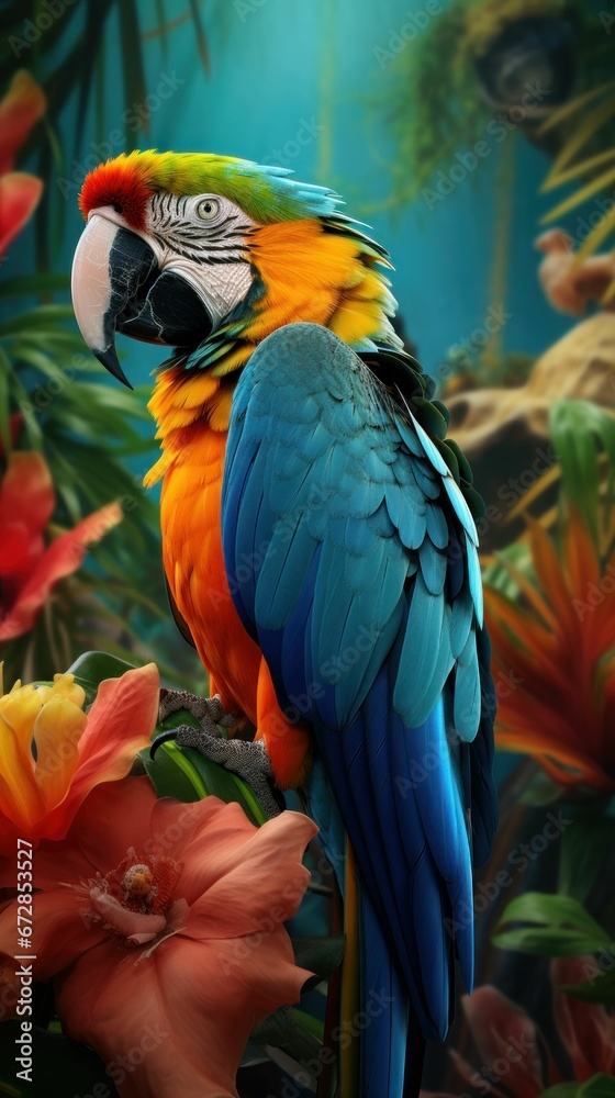 Obraz premium Beautiful macaw bird and colorful spring flowers