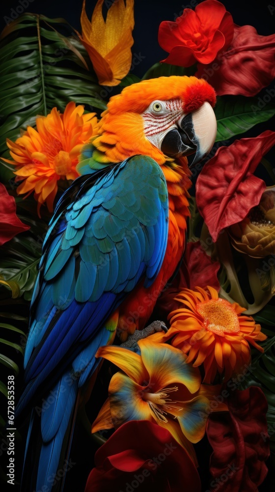 Obraz premium Beautiful macaw bird and colorful spring flowers