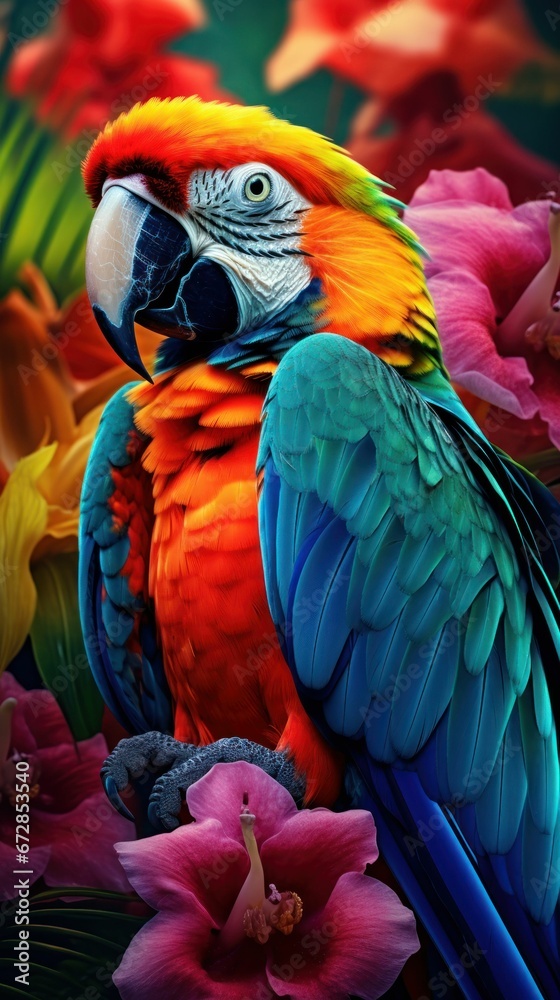 Fototapeta premium Beautiful macaw bird and colorful spring flowers