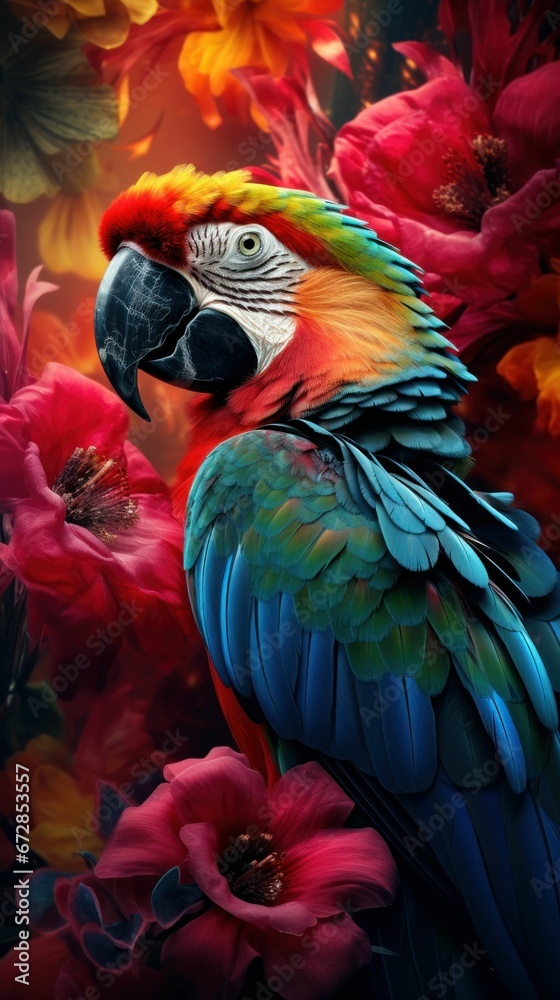 Obraz premium Beautiful macaw bird and colorful spring flowers