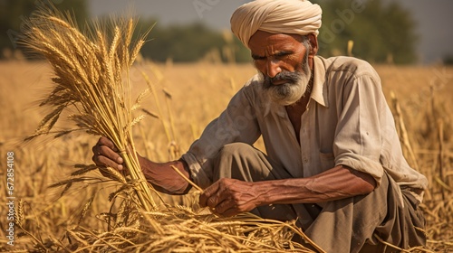 An Indian fellow harvesting wheat with a scythe and stooking it. photo