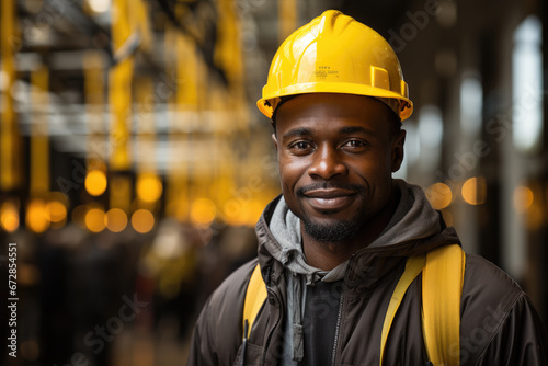 A bluecollar worker with a bright smile, wearing a yellow hard hat and highvisibility clothing, stands confidently on a bustling street, embodying the determination and pride of a dedicated engineer 