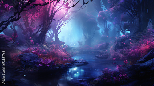 Experience an captivating enchanted forest awash in surrealistic, two-tone hues of mystical teal and romantic violet.