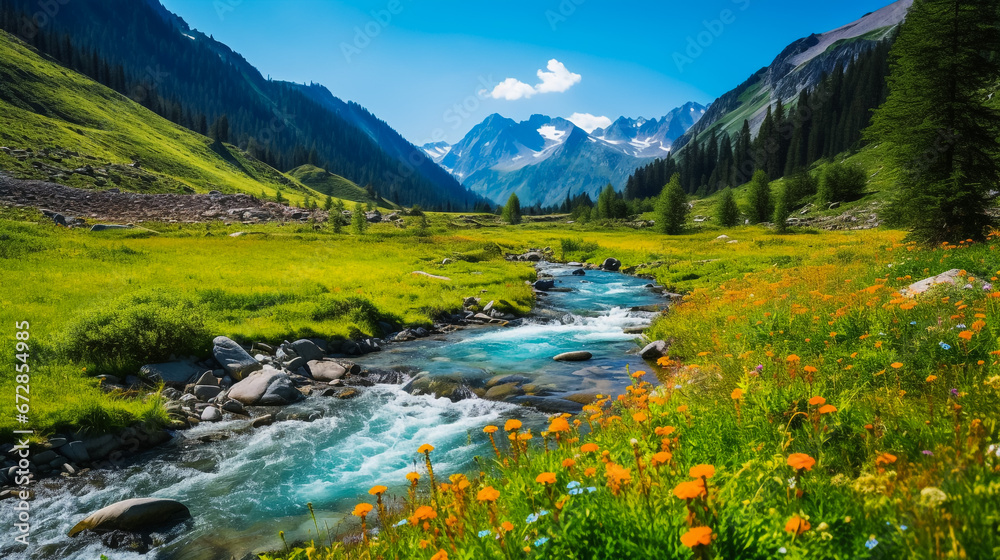 beautiful nature scenes, river and mountains enhance beauty  . generative Ai