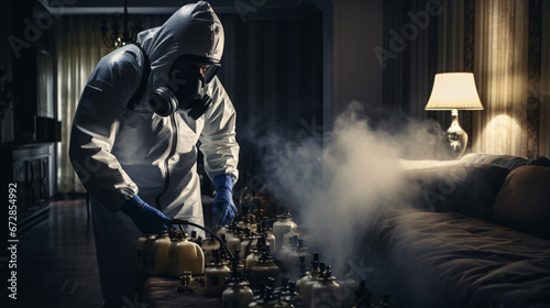 A fumigator kitted out in protective gear, administering insecticides in a room.