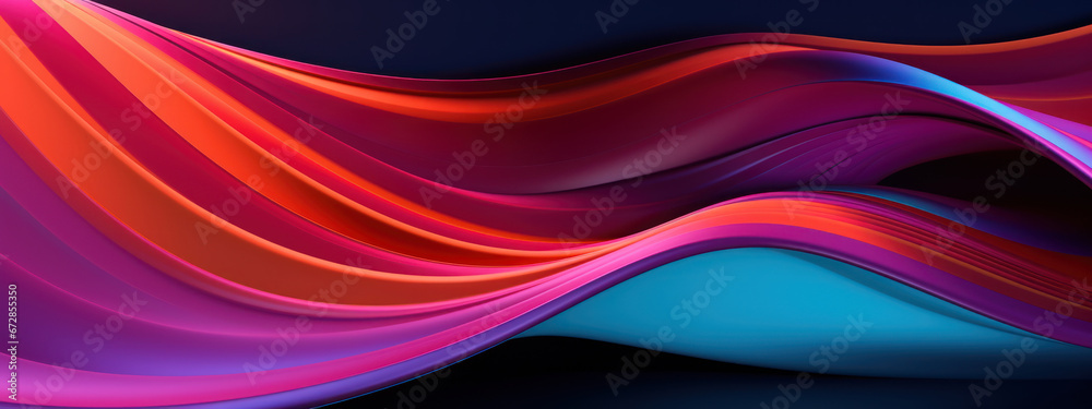 Abstract 3D depiction of colorful, reflective waves creating a rhythmic and captivating pattern.