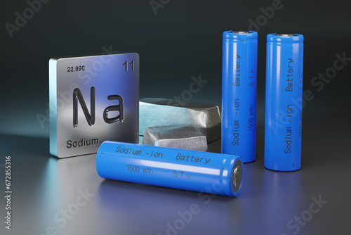 Sodium - ion batteries , metallic sodium and element symbol. 3d illustration.
