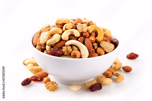 An isolated helping of DIY nut & pretzel cereal trail mix on a blank backdrop.