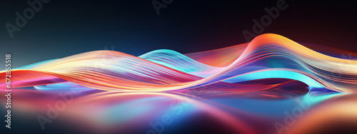 Abstract 3D depiction of colorful, reflective waves creating a rhythmic and captivating pattern.