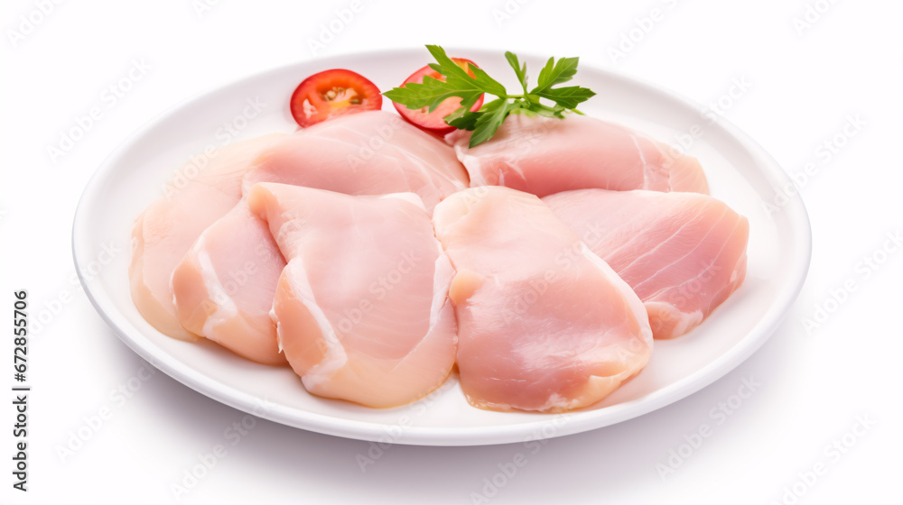 Cut uncooked poultry breast steaks on a platter, isolated on a white backdrop.