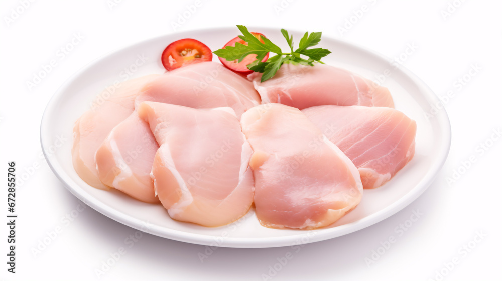 Cut uncooked poultry breast steaks on a platter, isolated on a white backdrop. Cut uncooked poultry breast steaks on a platter, isolated on a white backdrop.