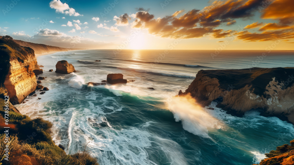 A captivating view of a rugged coastline with crashing waves, rugged cliffs, on a background of sunrise, wallpaper designs A captivating view of a rugged coastline with crashing waves, rugged cliffs, on a background of sunrise, wallpaper designs