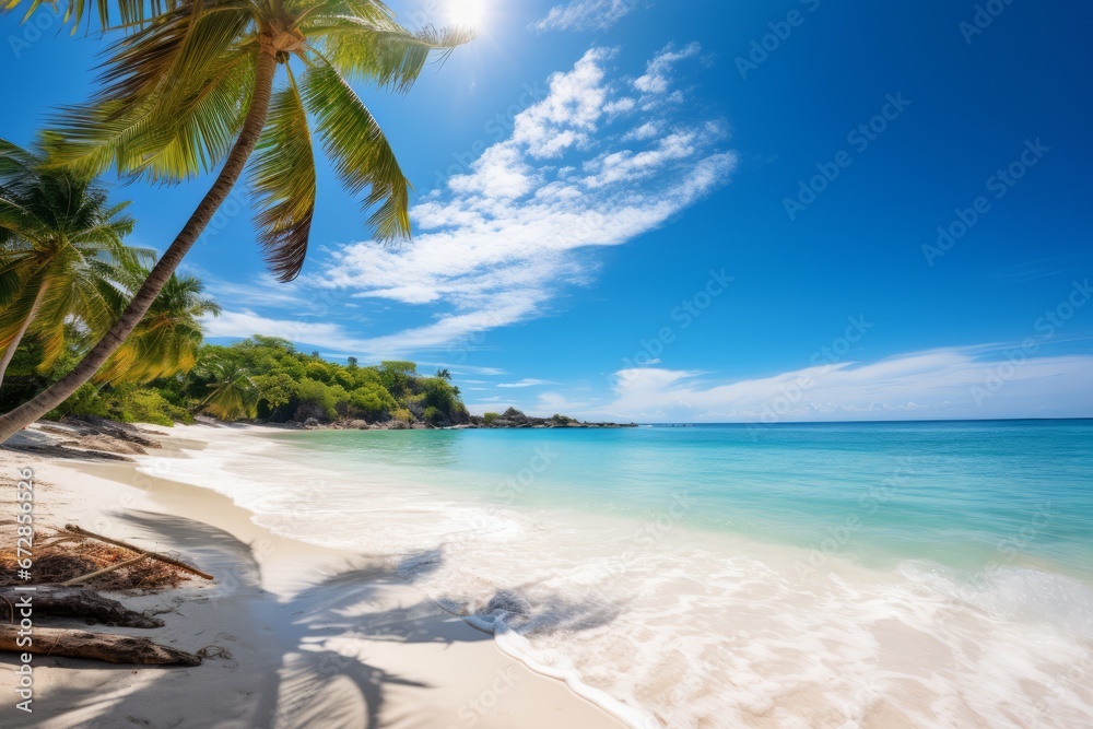 A composition featuring a pristine tropical beach with crystal-clear azure waters and palm trees. Copy space